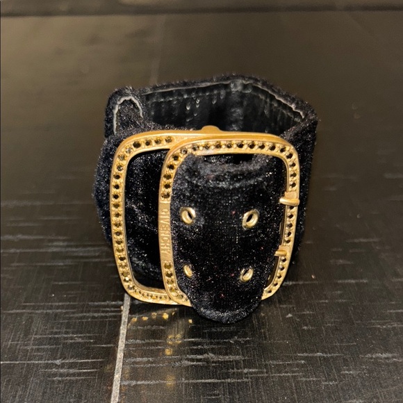 Black Velvet Belt with Gold Rhinestone Buckle Bracelet - Picture 2 of 7